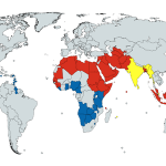 Países y territorios del mundo que penalizan la homosexualidad: 49 % de mayoría musulmana, 43 % de mayoría cristiana y 8 % de otras religiones